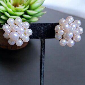 Vintage Faux Pearl Cluster Clip-On Earrings Round Design Elegant Retro‎ Jewelry